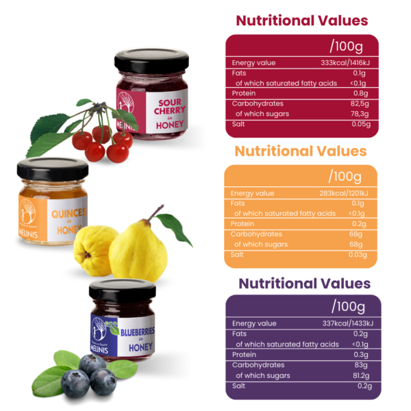 Crunchy and Irresistible - Set 3 x 40 g - Acacia Honey with Blueberries, Quinces and Sour Cherries