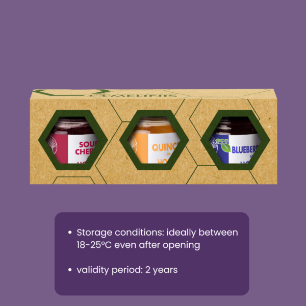 Crunchy and Irresistible - Set 3 x 40 g - Acacia Honey with Blueberries, Quinces and Sour Cherries