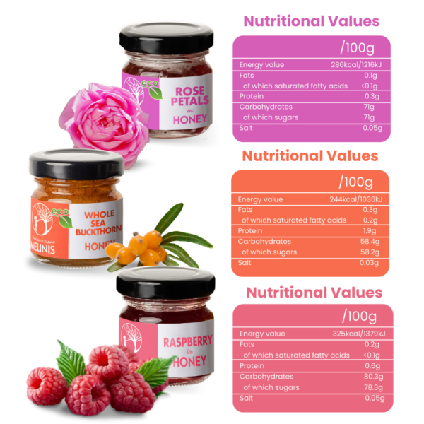 Fresh and Flavored - Set 3 x 40 g - Honey with Rose Petals, Sea Buckthorn, Raspberries