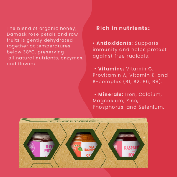 Fresh and Flavored - Set 3 x 40 g - Honey with Rose Petals, Sea Buckthorn, Raspberries